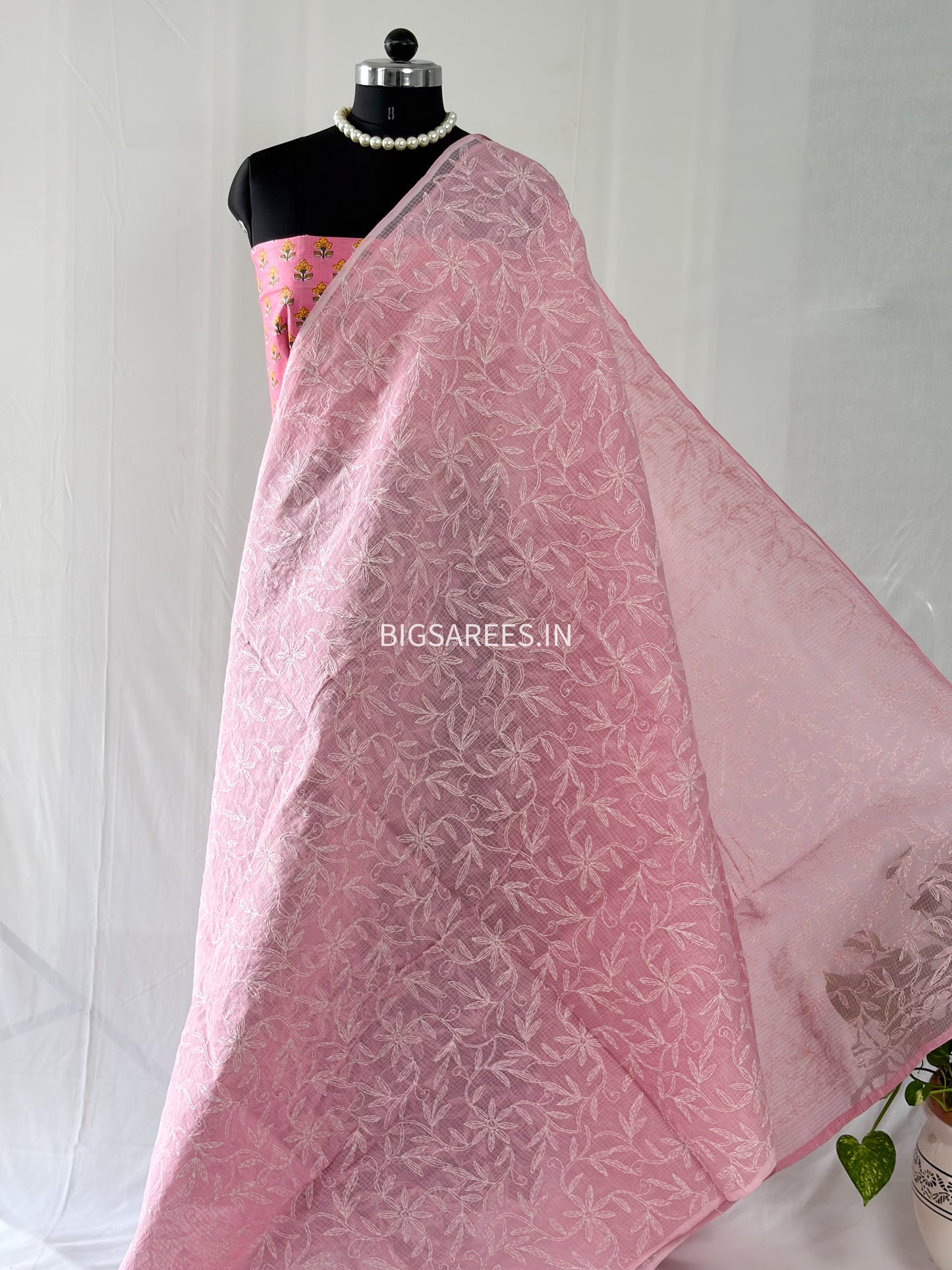 Chikankari Hand-Embroidered Saree | Kota Cotton | Pink