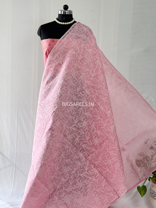 Chikankari Hand-Embroidered Saree | Kota Cotton | Pink