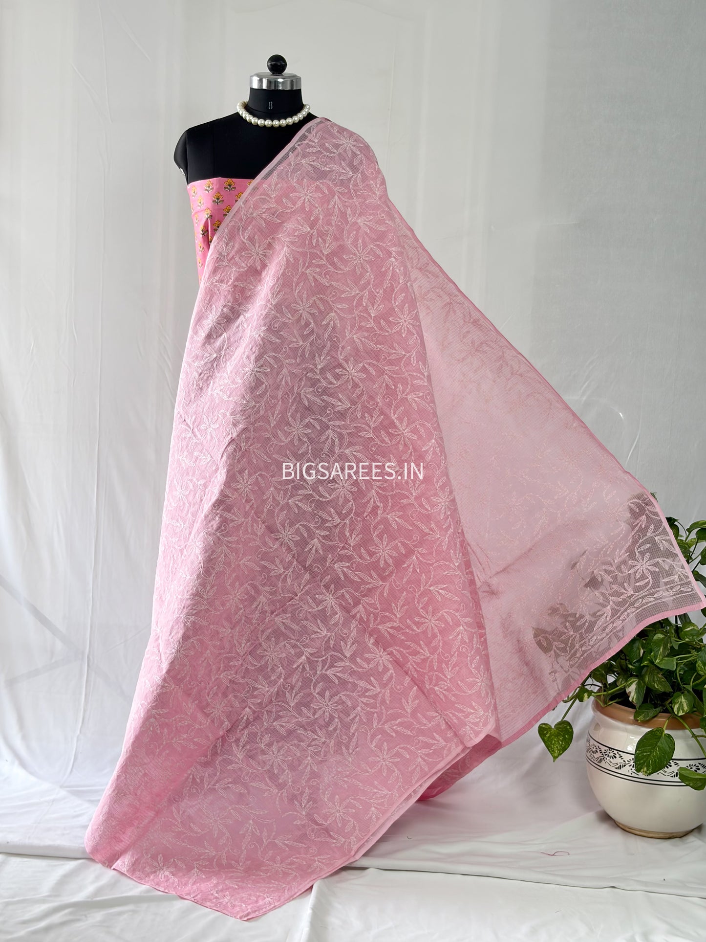 Chikankari Hand-Embroidered Saree | Kota Cotton | Pink