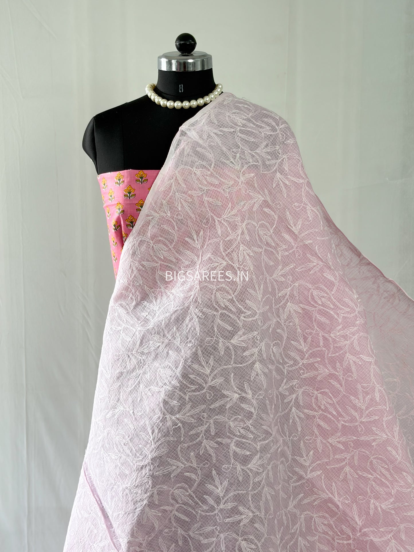 Chikankari Hand-Embroidered Saree | Kota Cotton | Light Pink