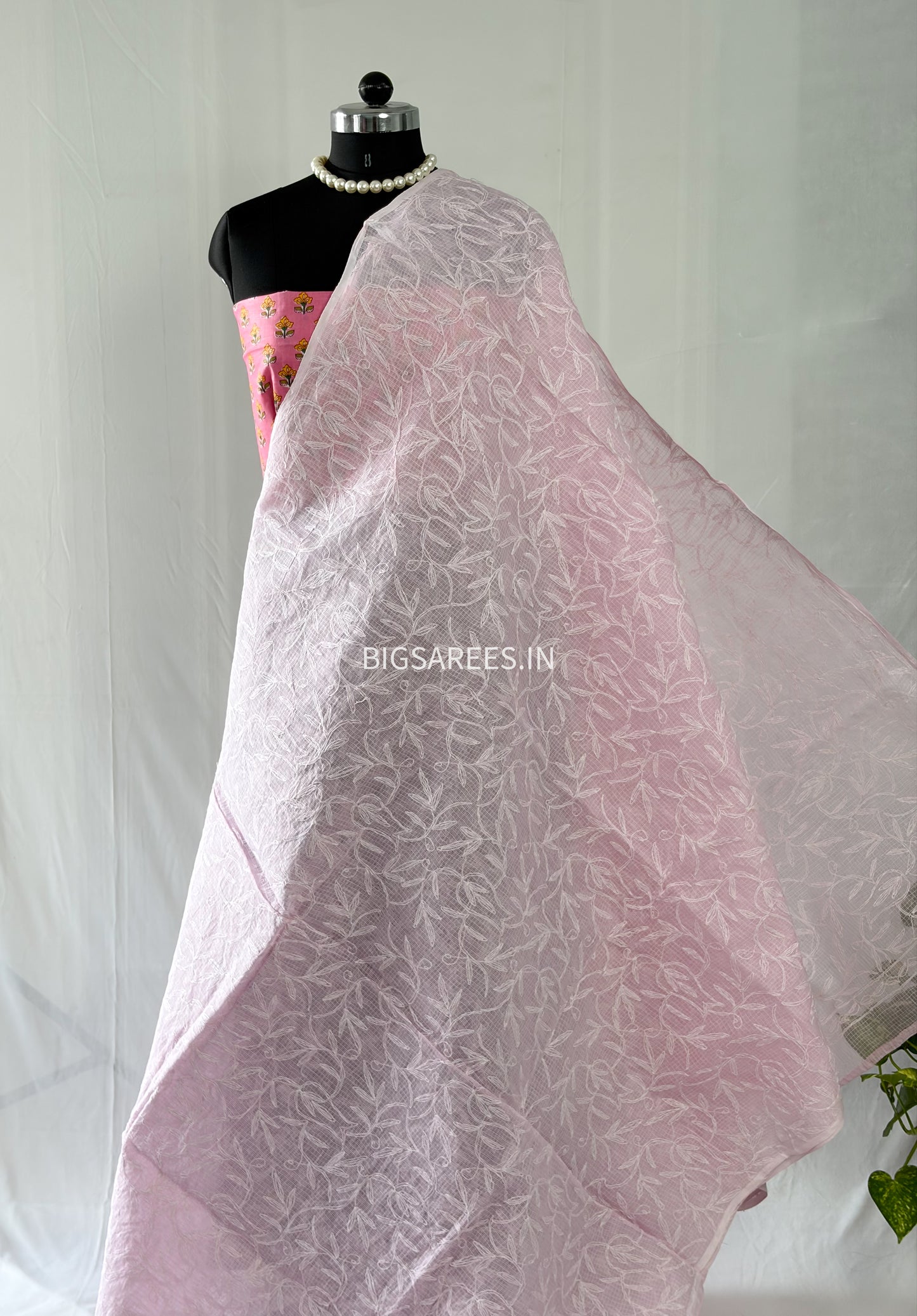 Chikankari Hand-Embroidered Saree | Kota Cotton | Light Pink