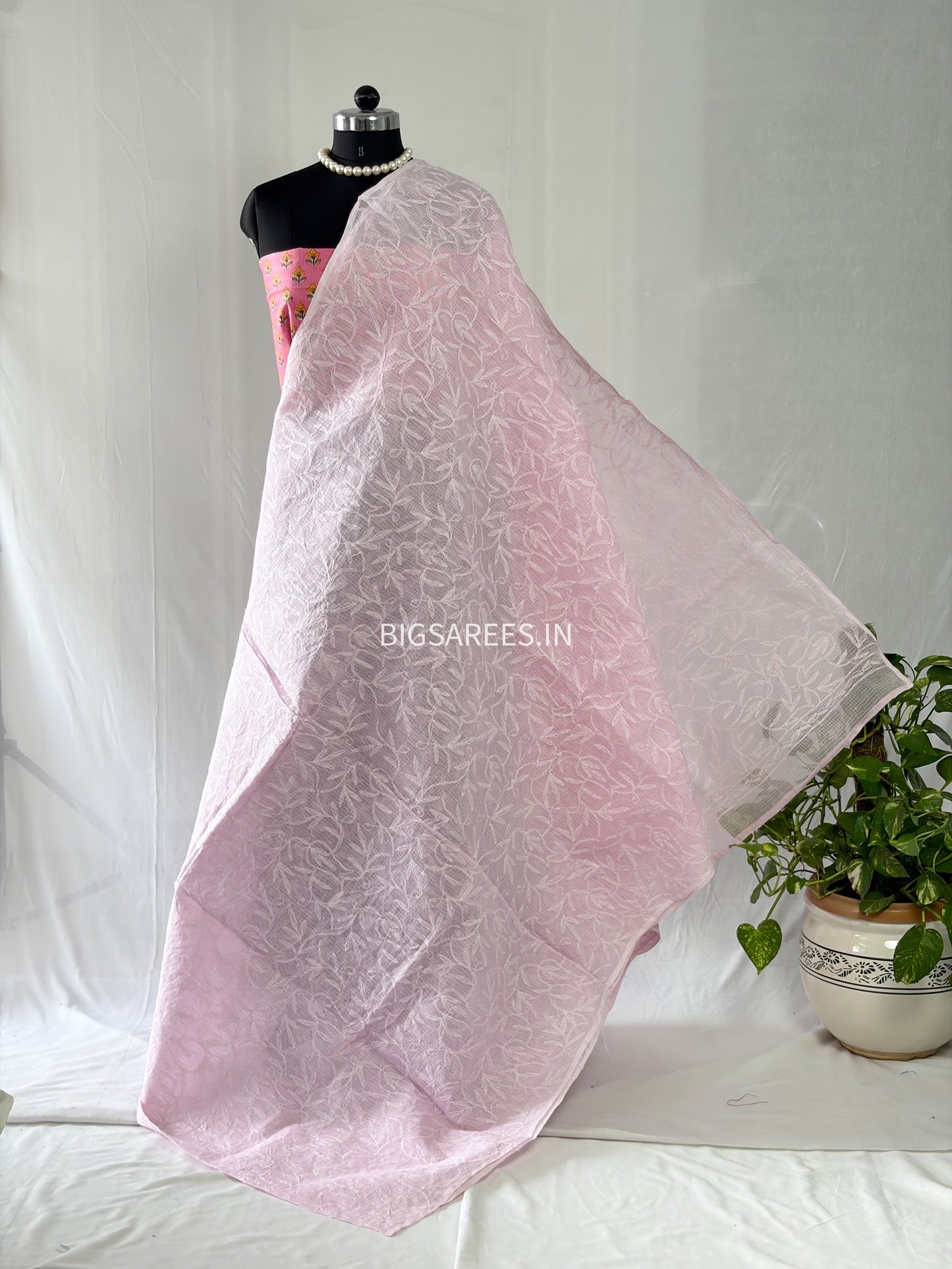 Chikankari Hand-Embroidered Saree | Kota Cotton | Light Pink