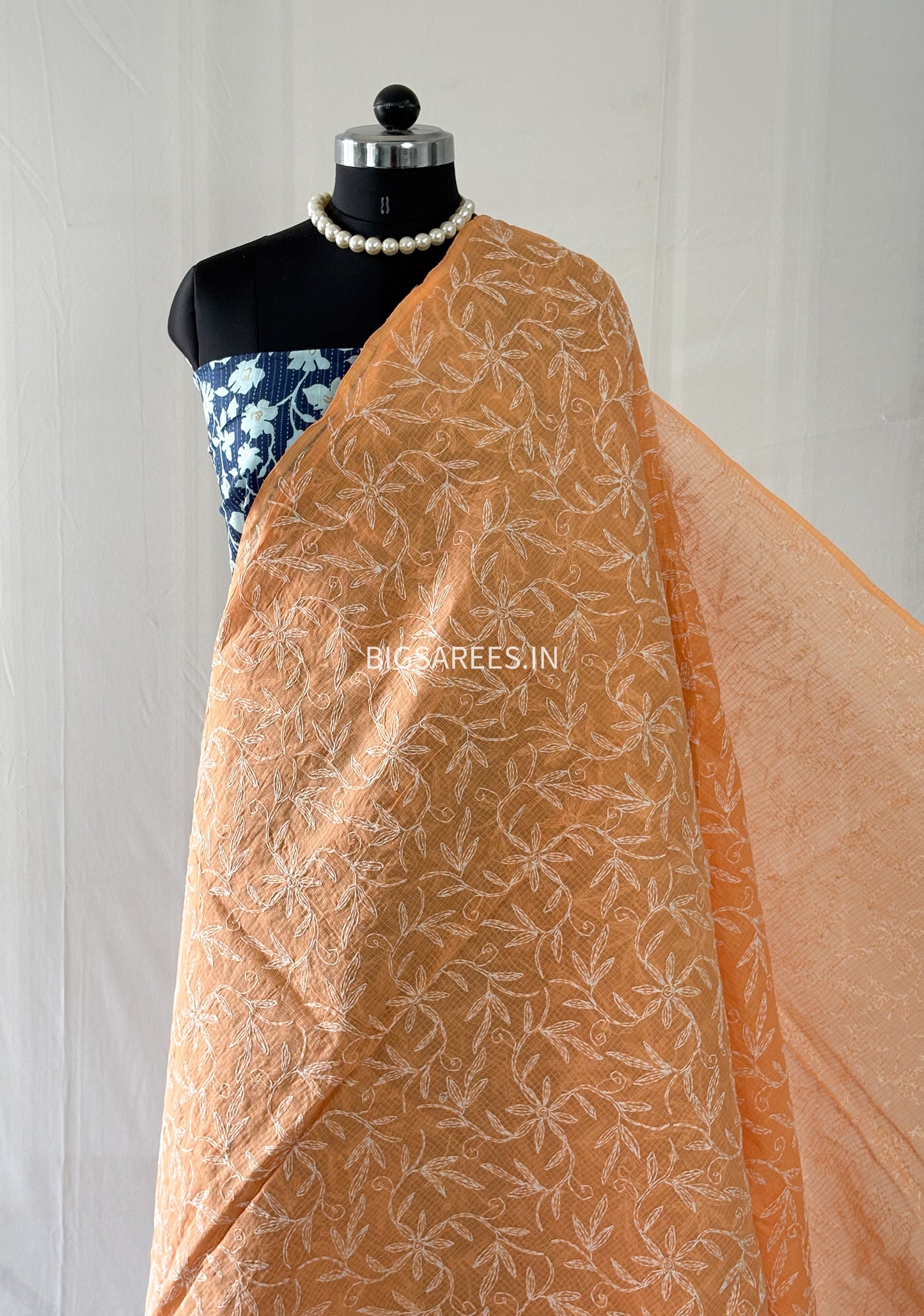 Chikankari Hand-Embroidered Saree | Kota Cotton | Peach