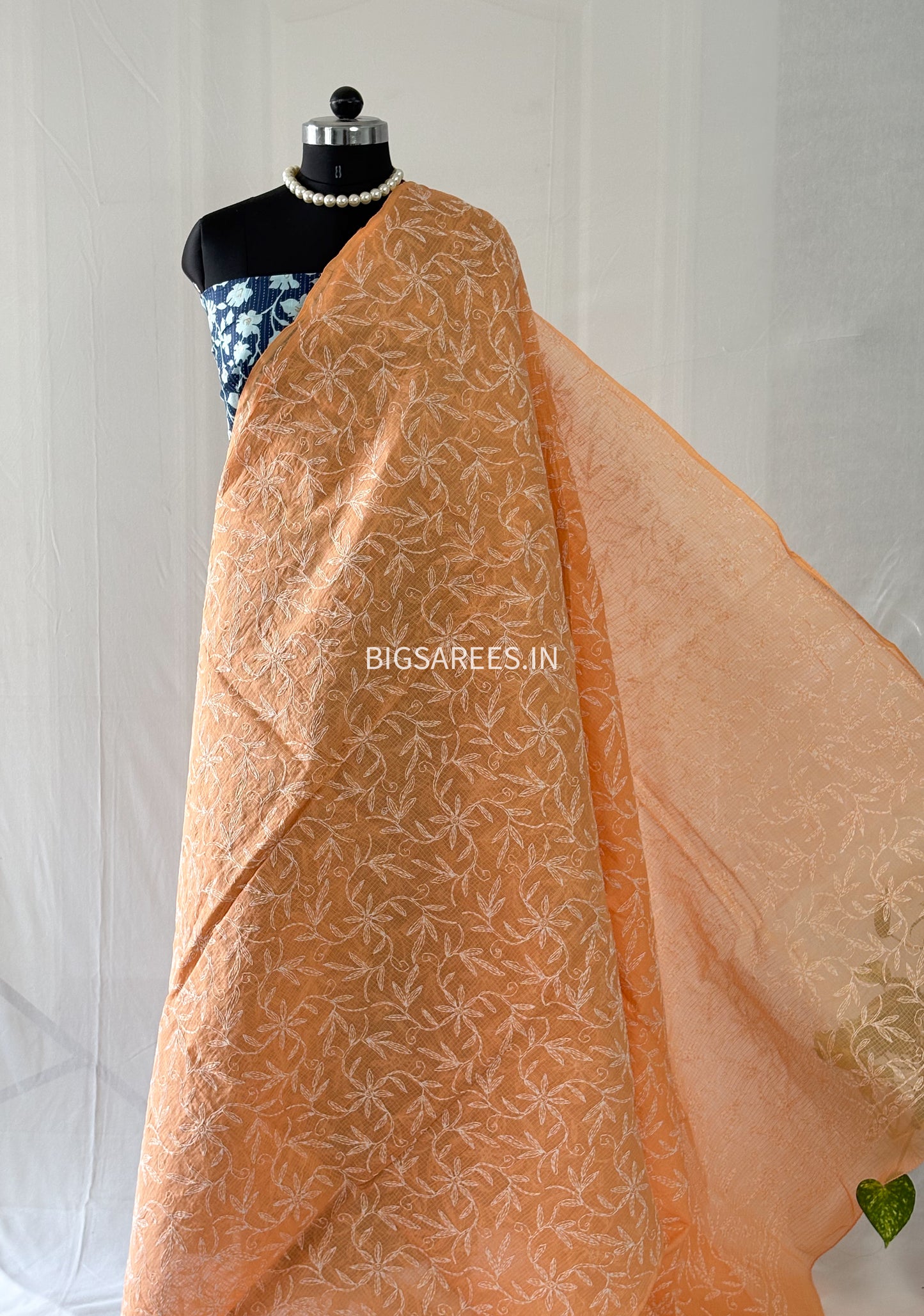 Chikankari Hand-Embroidered Saree | Kota Cotton | Peach