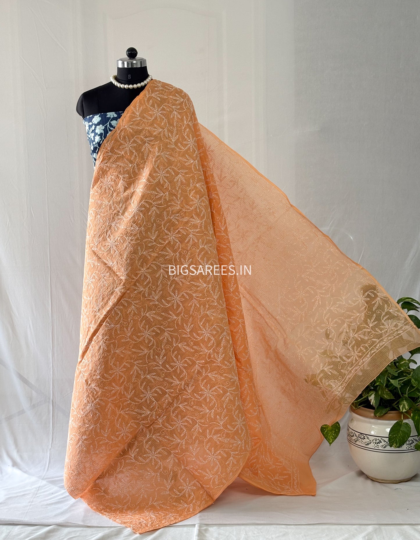 Chikankari Hand-Embroidered Saree | Kota Cotton | Peach