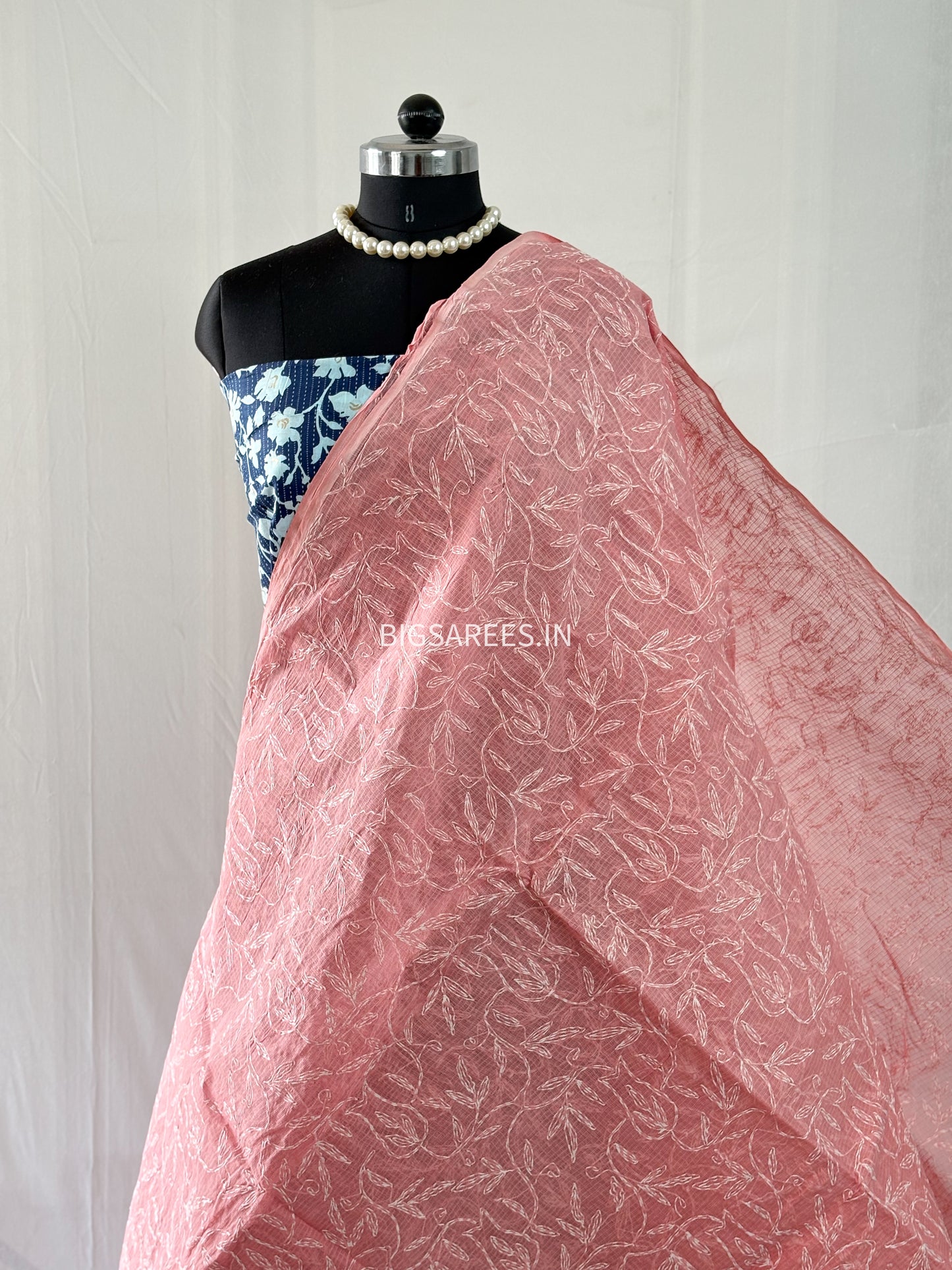 Chikankari Hand-Embroidered Saree | Kota Cotton | Carrot Pink
