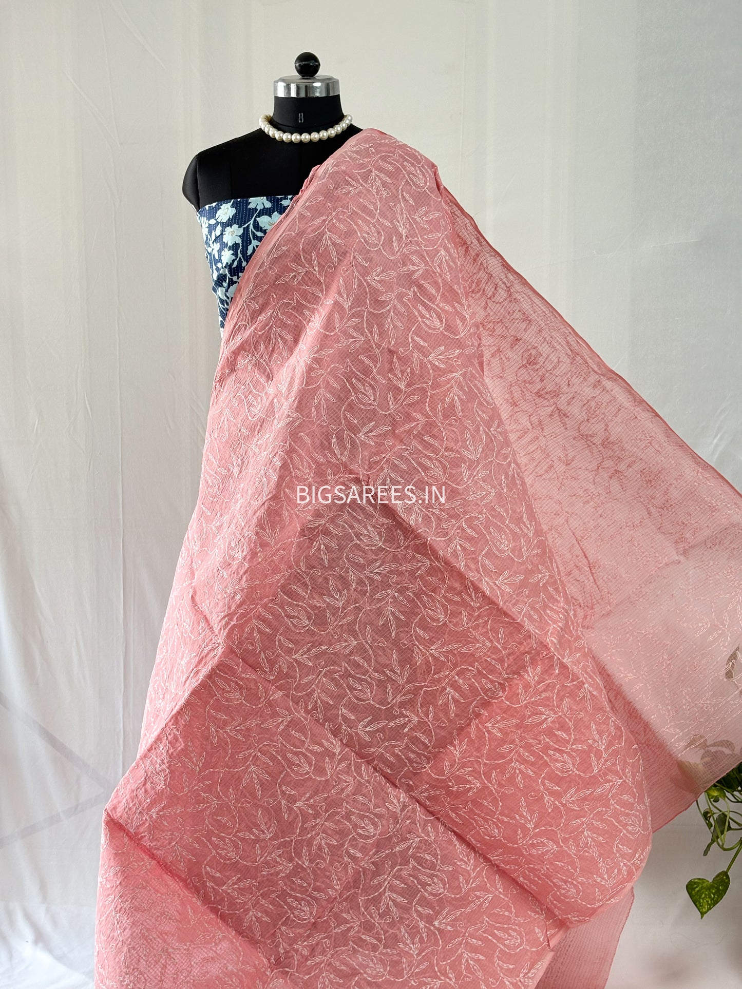 Chikankari Hand-Embroidered Saree | Kota Cotton | Carrot Pink