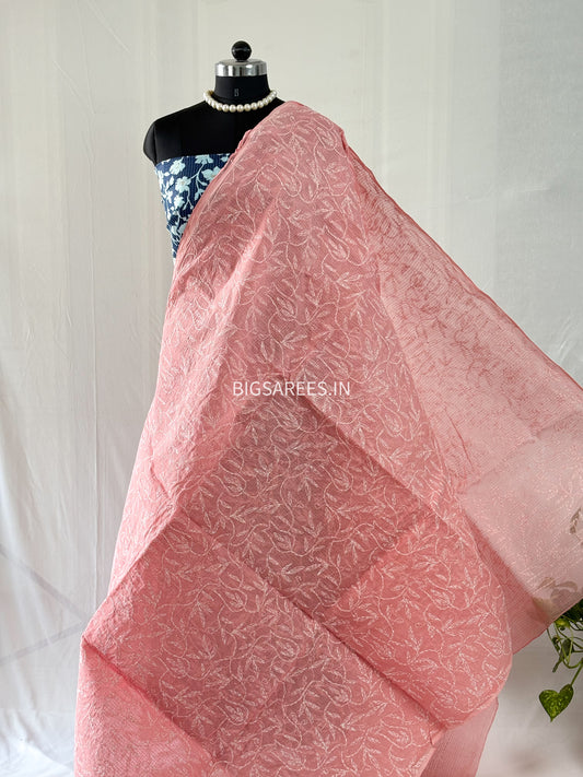 Chikankari Hand-Embroidered Saree | Kota Cotton | Carrot Pink
