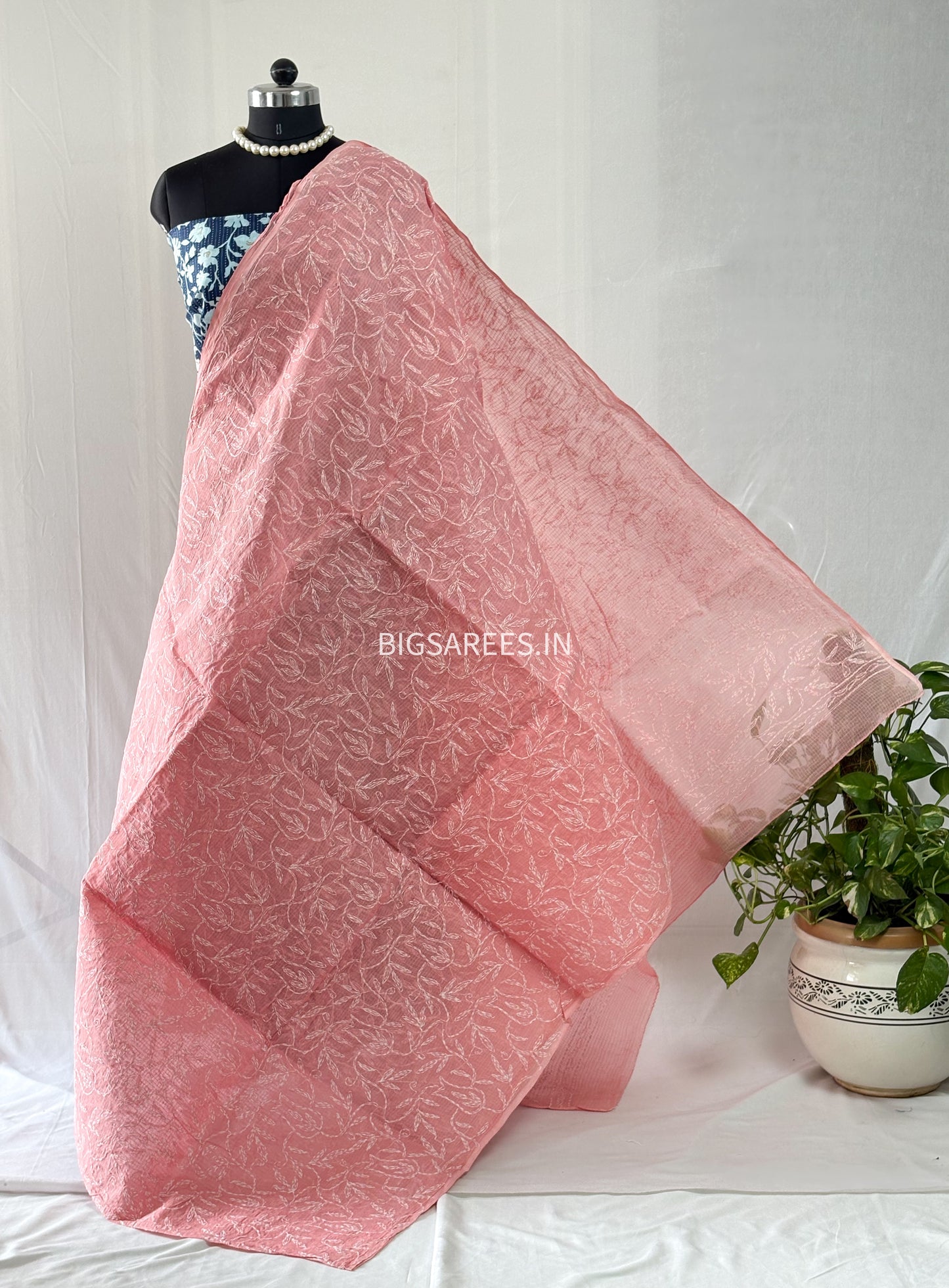 Chikankari Hand-Embroidered Saree | Kota Cotton | Carrot Pink