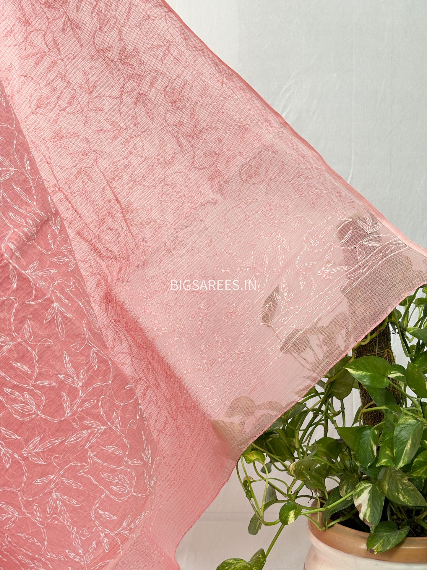 Chikankari Hand-Embroidered Saree | Kota Cotton | Carrot Pink