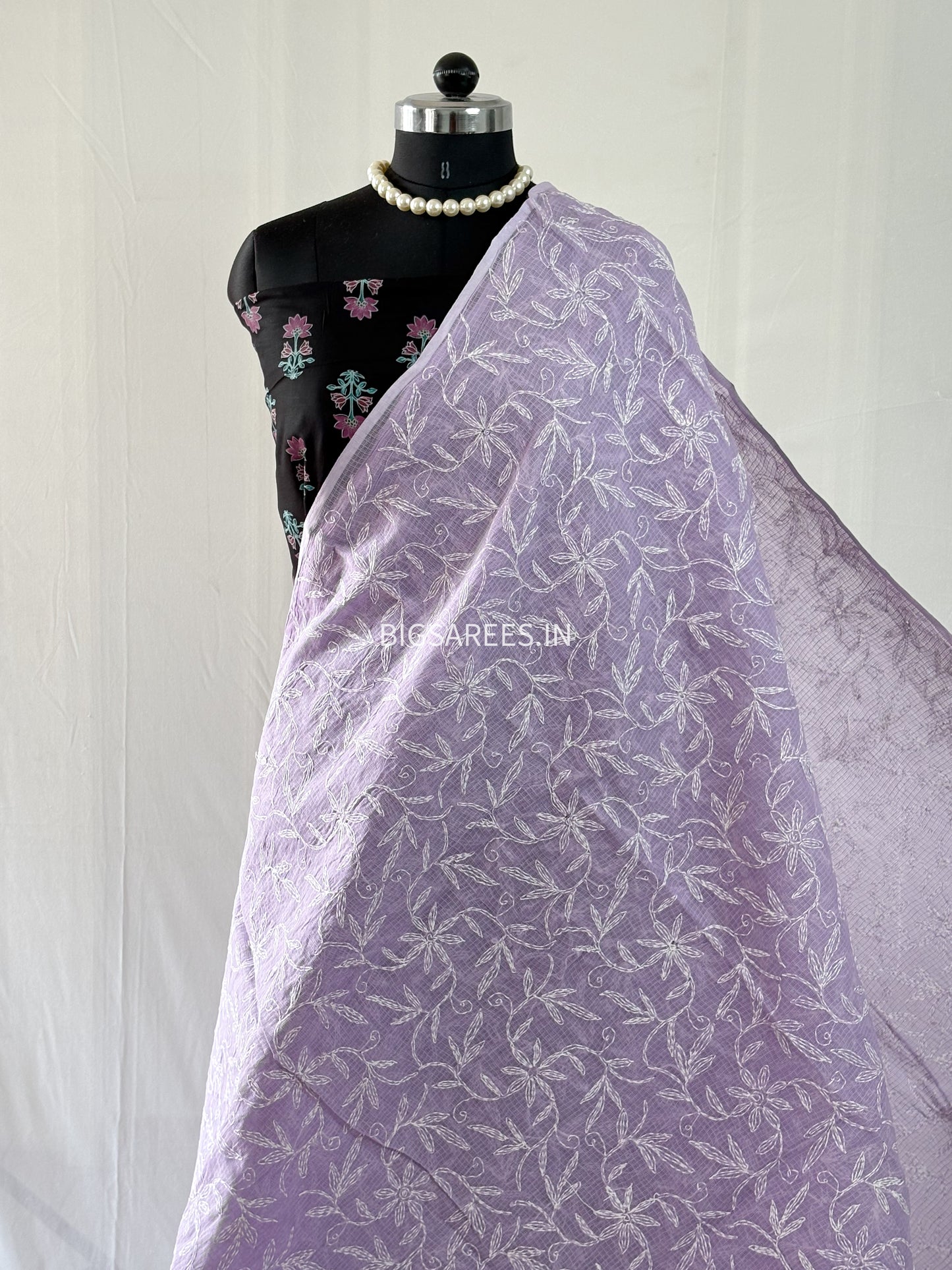 Chikankari Hand-Embroidered Saree | Kota Cotton | Lavendar
