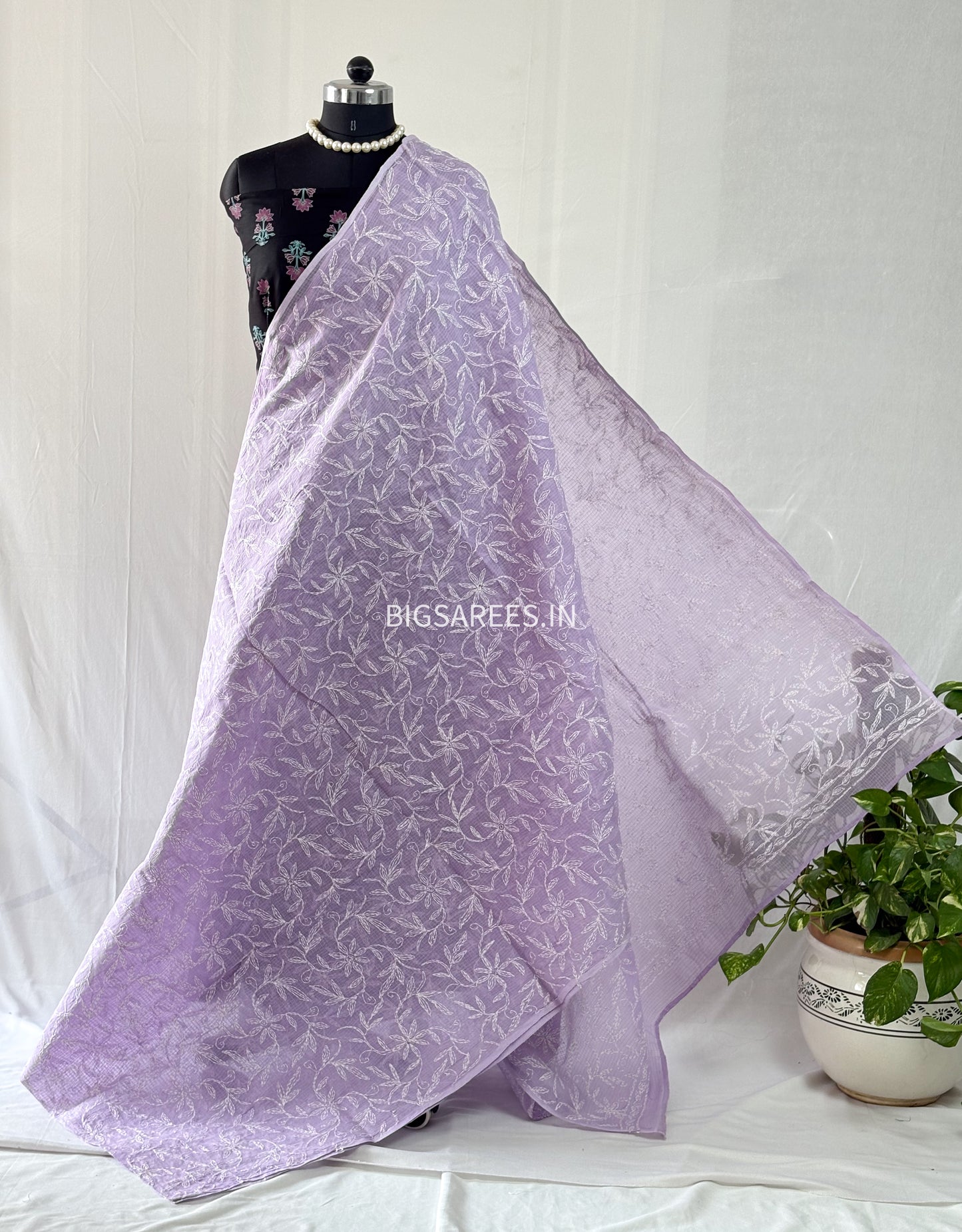 Chikankari Hand-Embroidered Saree | Kota Cotton | Lavendar