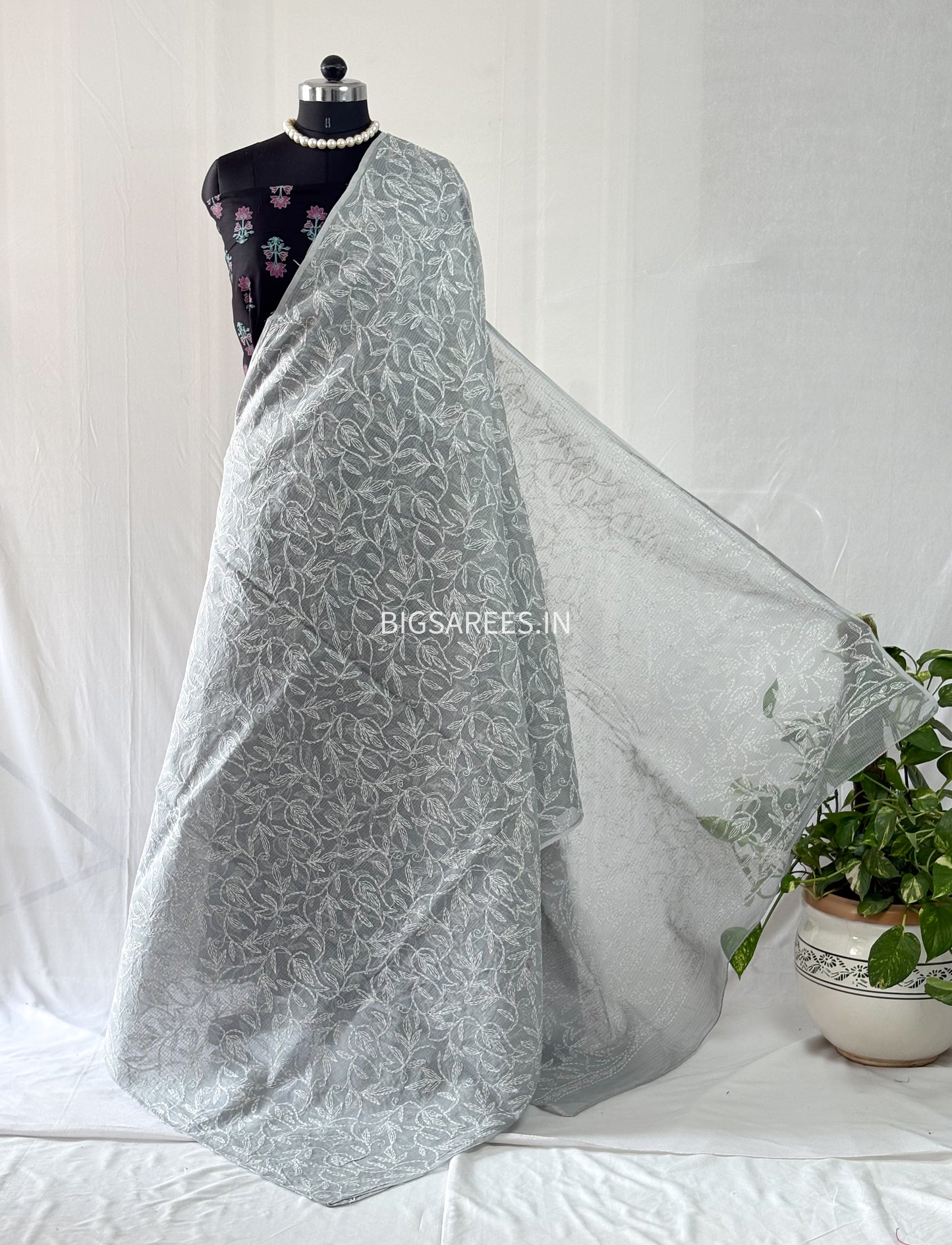 Chikankari Hand-Embroidered Saree | Kota Cotton | Grey