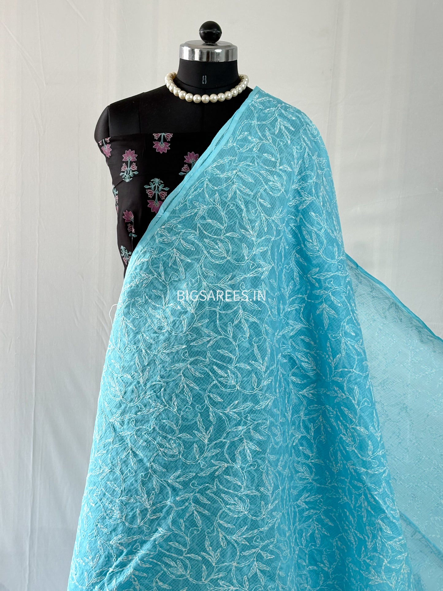 Chikankari Hand-Embroidered Saree | Kota Cotton | Blue