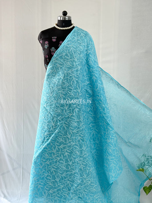 Chikankari Hand-Embroidered Saree | Kota Cotton | Blue