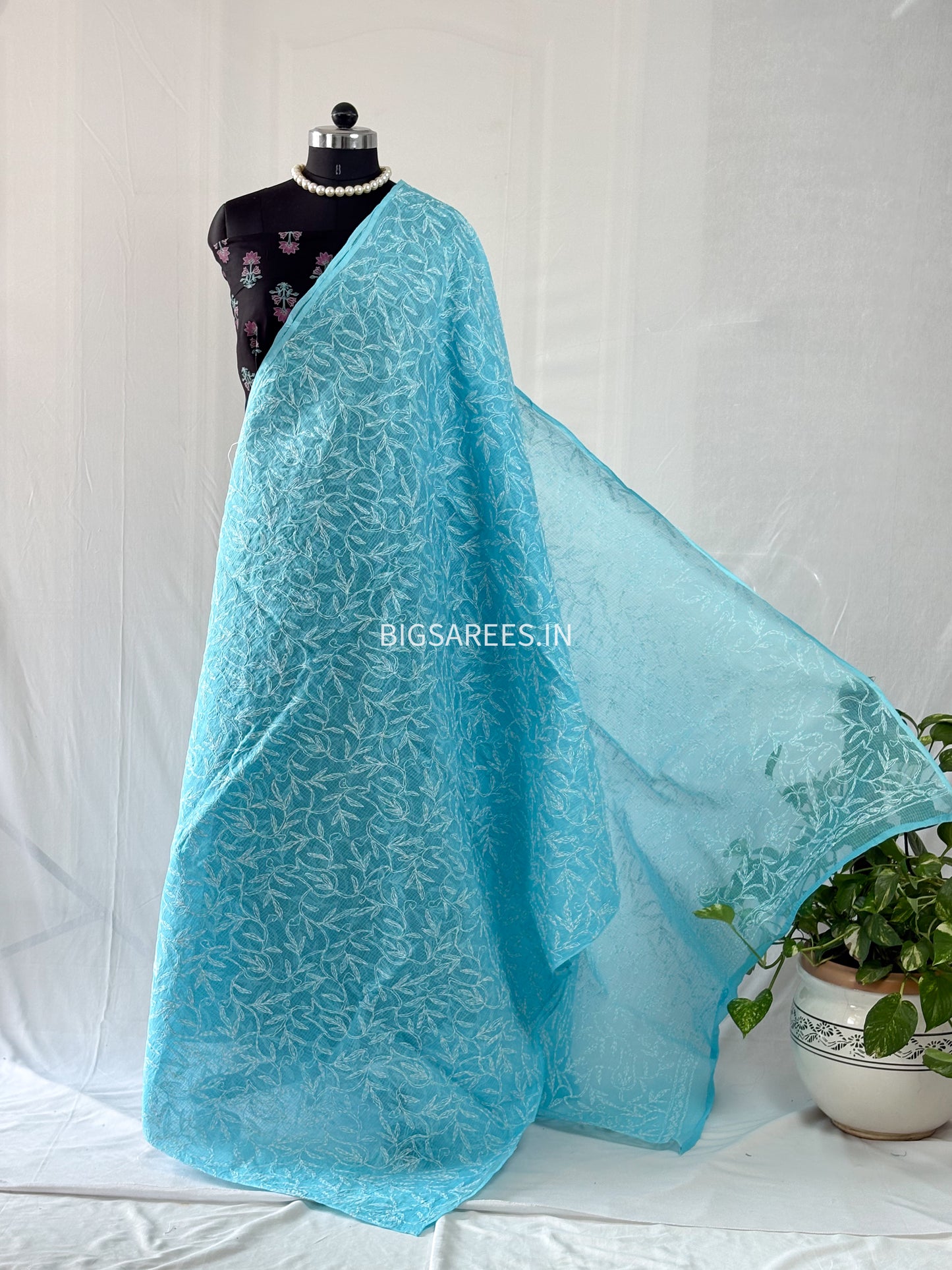 Chikankari Hand-Embroidered Saree | Kota Cotton | Blue