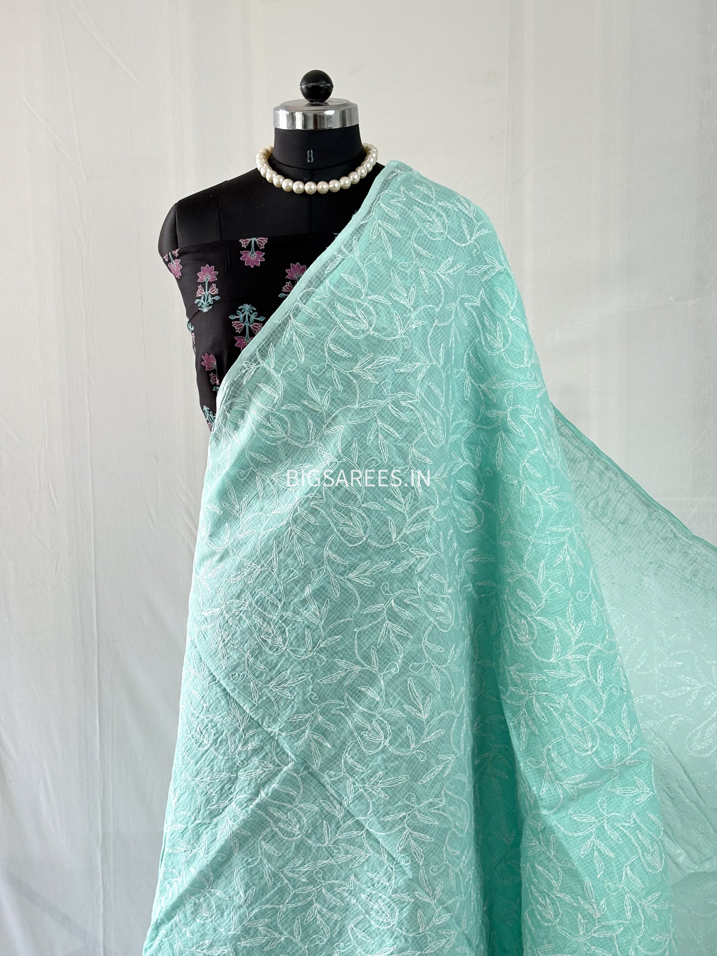 Chikankari Hand-Embroidered Saree | Kota Cotton | Light Sea Green