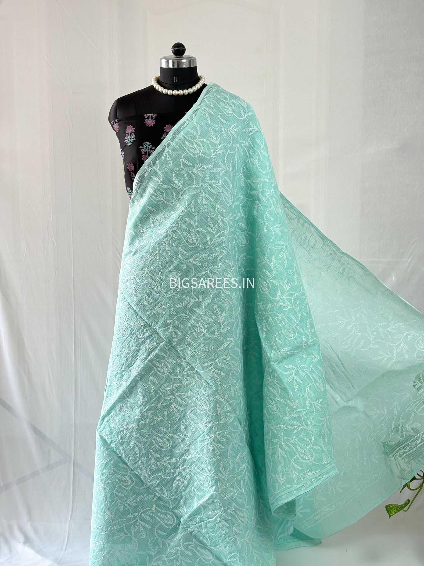 Chikankari Hand-Embroidered Saree | Kota Cotton | Light Sea Green