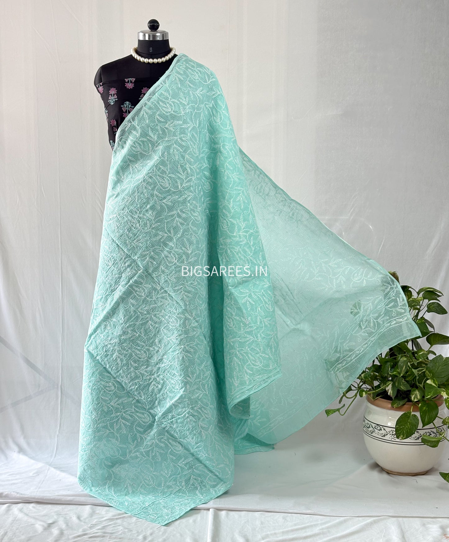Chikankari Hand-Embroidered Saree | Kota Cotton | Light Sea Green
