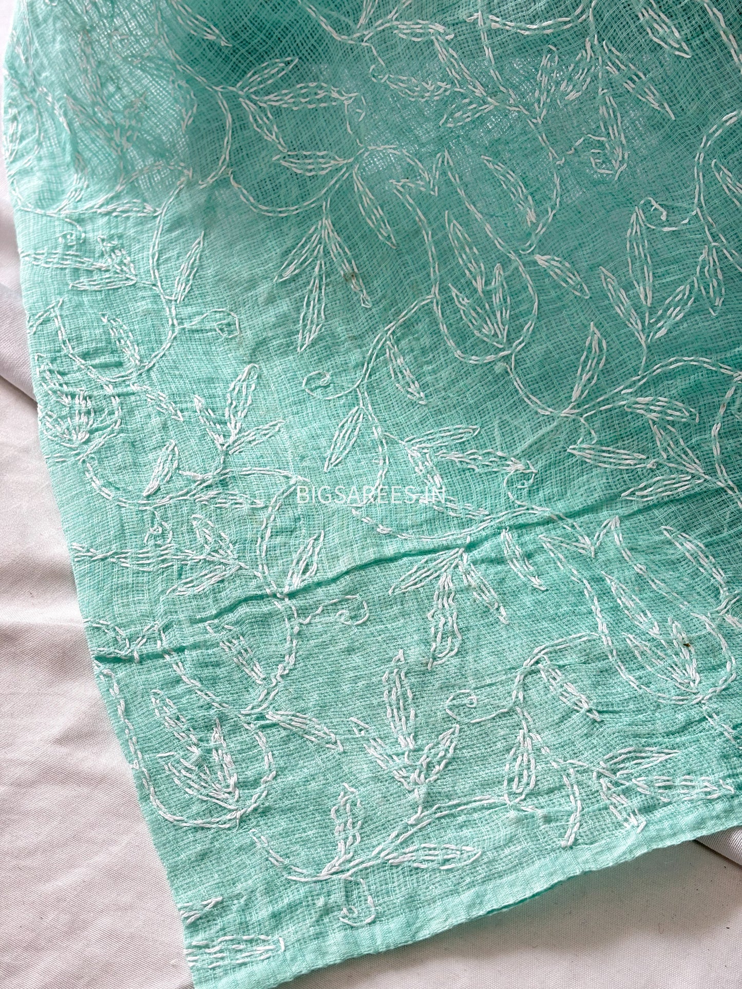 Chikankari Hand-Embroidered Saree | Kota Cotton | Light Sea Green