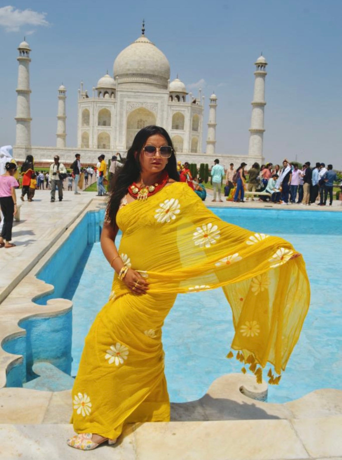 Yellow Hand Painted Mul Cotton Saree