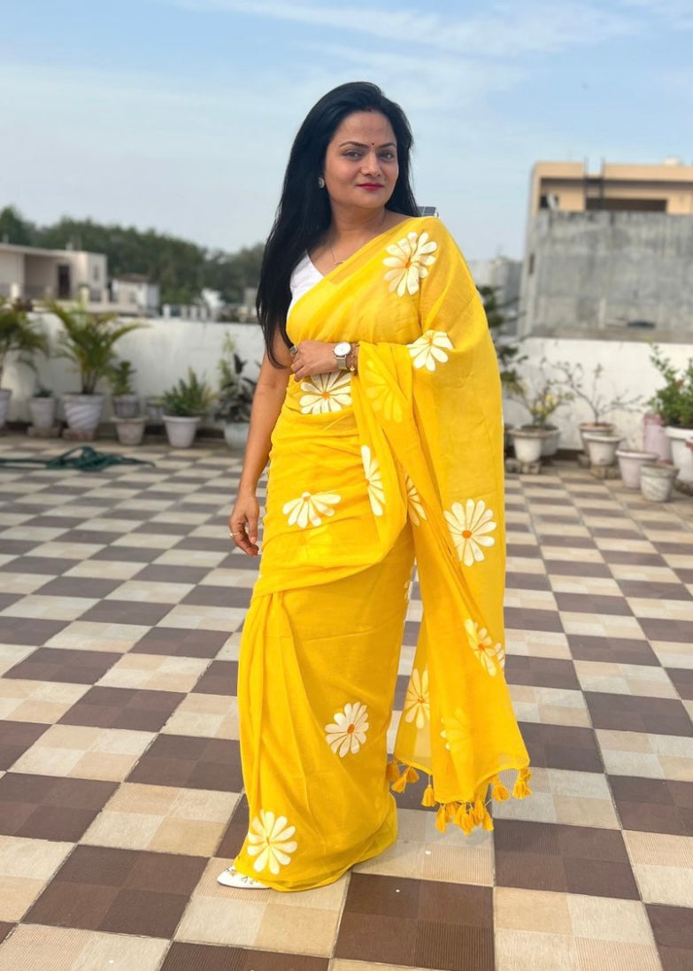 Yellow Hand Painted Mul Cotton Saree