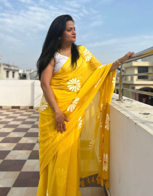 Yellow Hand Painted Mul Cotton Saree