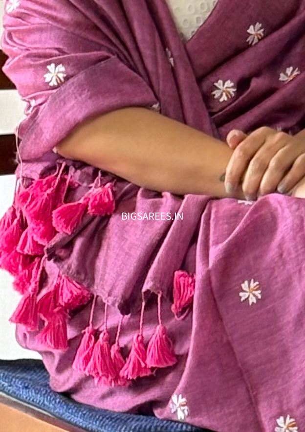 Night Jasmine Motif Saree With Blouse | Acrylic Cotton Blend | Tulip Pink