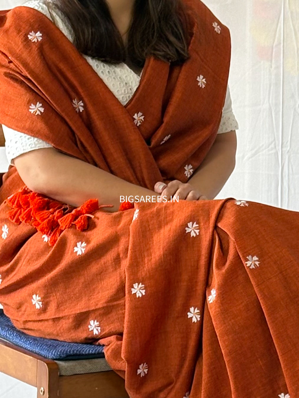 Night Jasmine Motif Saree With Blouse | Acrylic Cotton Blend | Orange