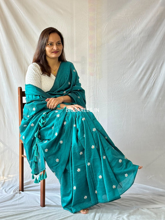 Night Jasmine Motif Saree With Blouse | Acrylic Cotton Blend | Greenish Blue