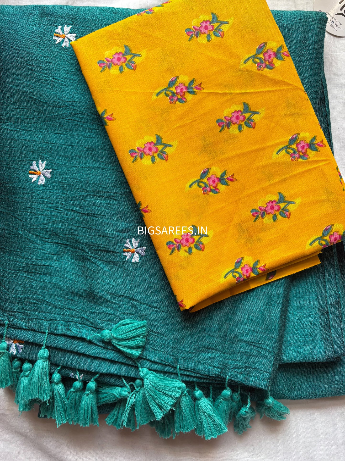 Night Jasmine Motif Saree With Blouse | Acrylic Cotton Blend | Greenish Blue