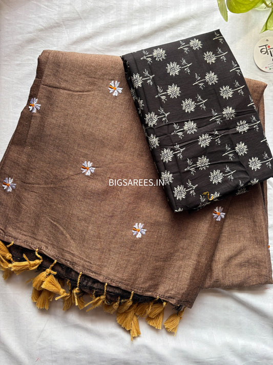 Night Jasmine Motif Saree With Blouse | Acrylic Cotton Blend | Taupe