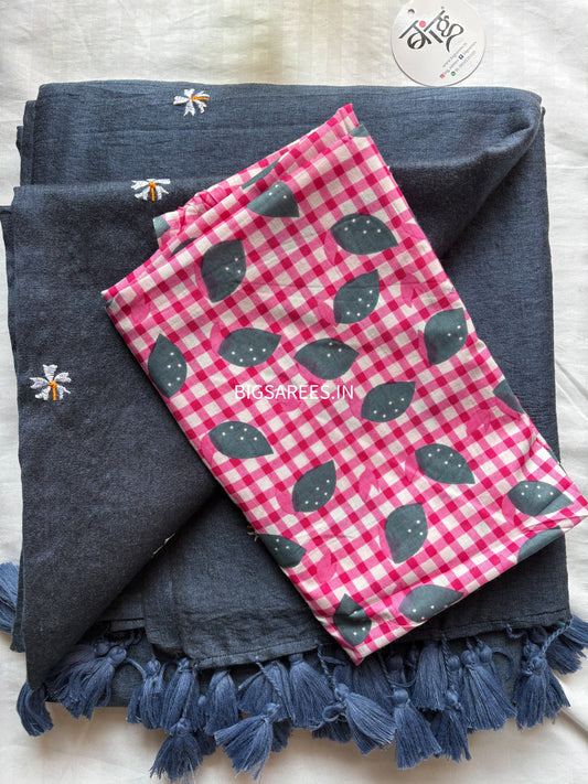 Night Jasmine Motif Saree With Blouse | Acrylic Cotton Blend | Blue Grey