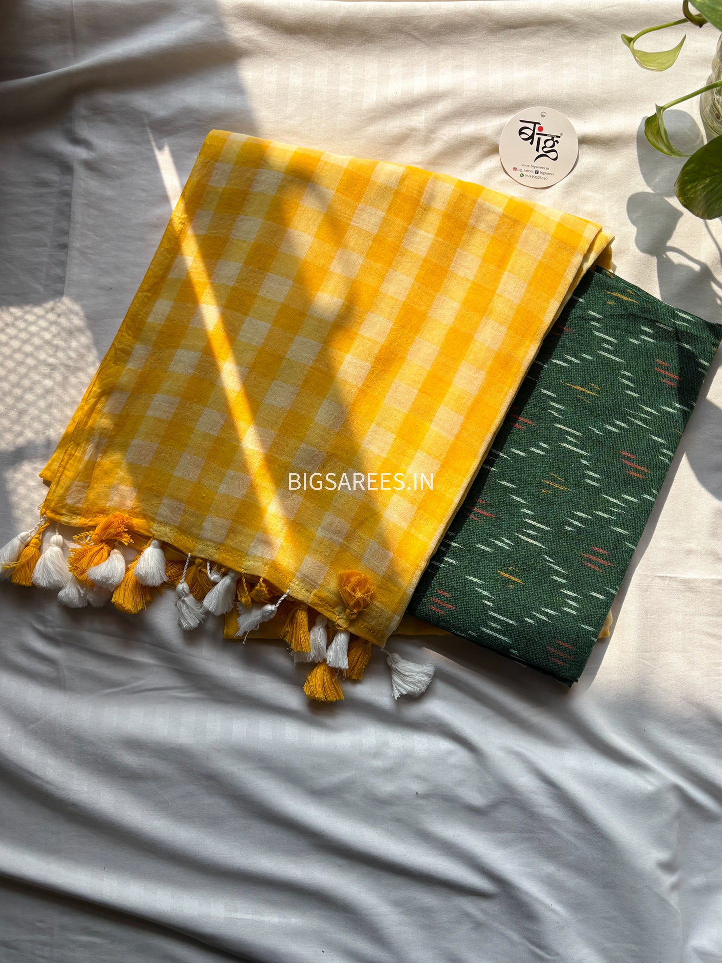 Checkered Mul Cotton Saree With Ikat Blouse | Ultra Lightweight | Sunshine Yellow
