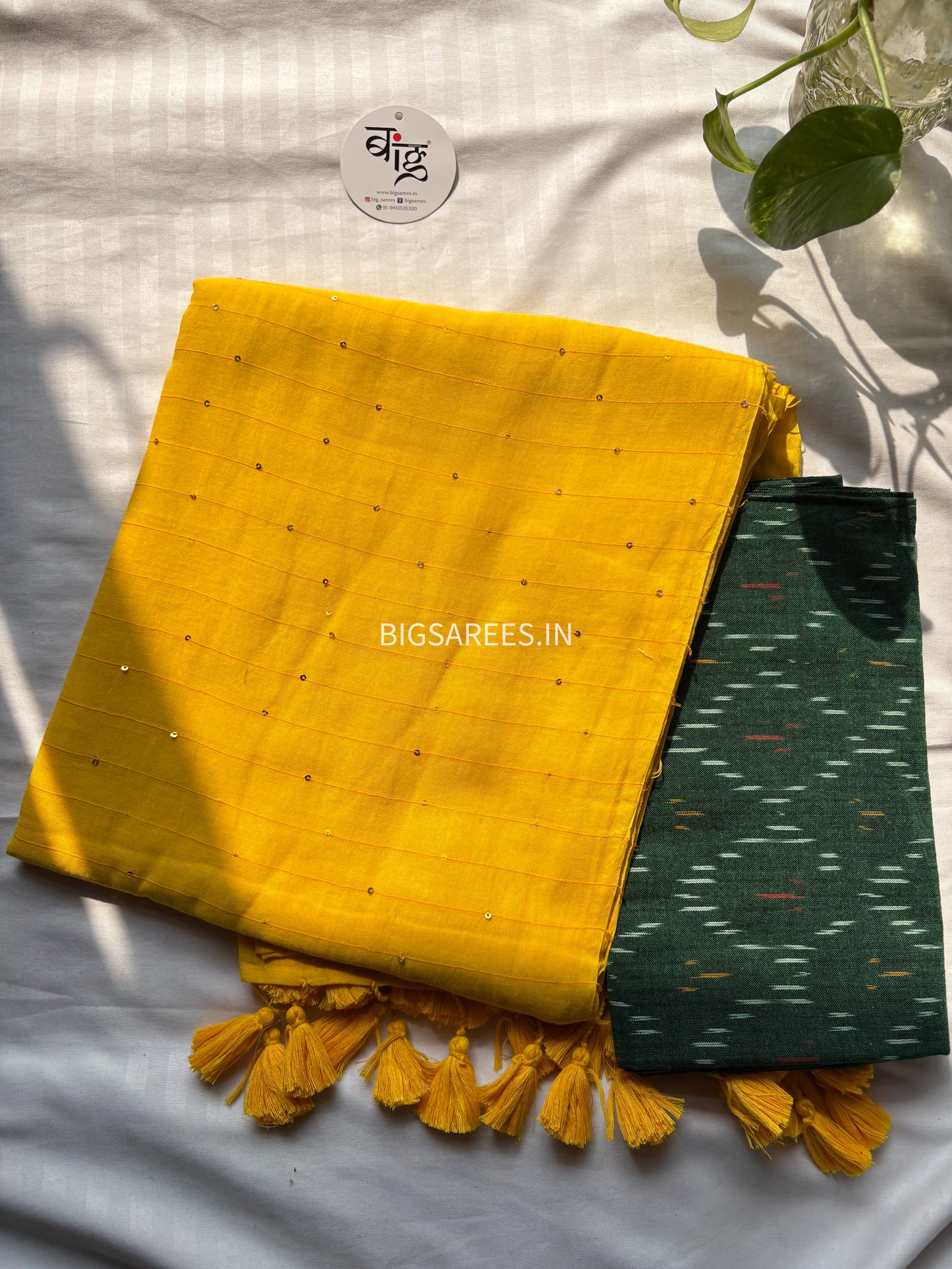 Jonaki Mul Cotton Saree With Ikat Blouse | Ultra Lightweight | Marigold Yellow