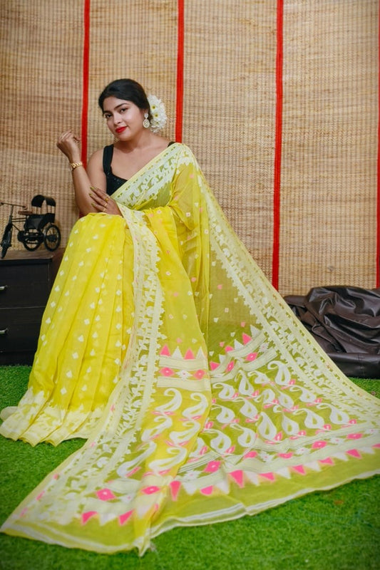 Soft Dhakai/Jamdani Saree – Yellow