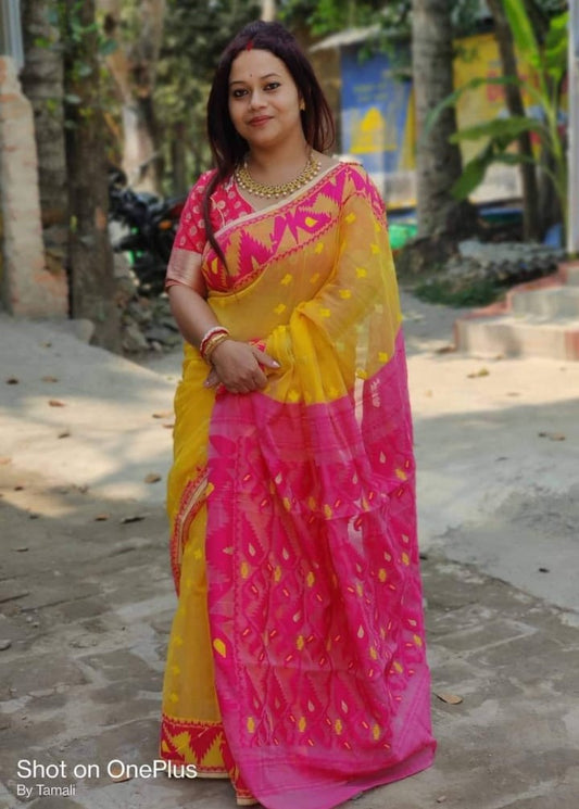 Soft Dhakai/Jamdani Saree – Yellow