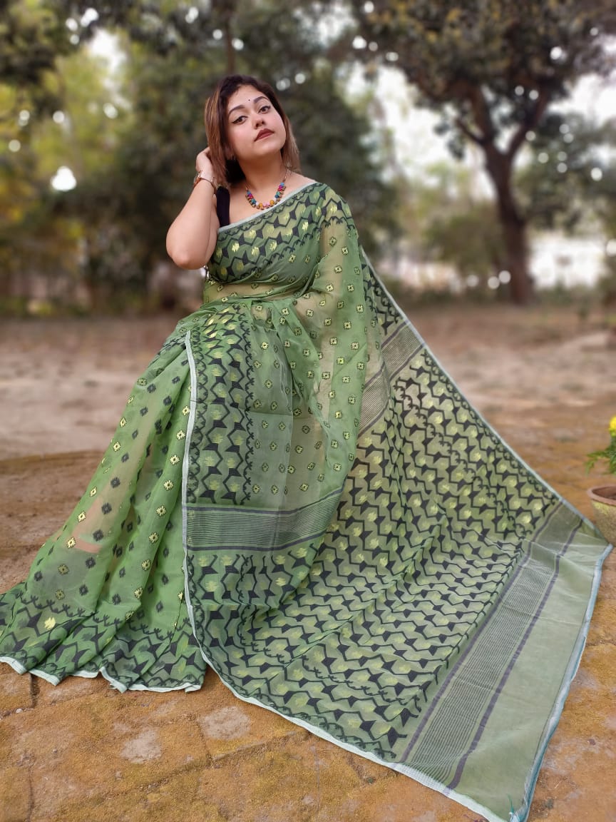 Soft Dhakai/Jamdani Saree – Light Green