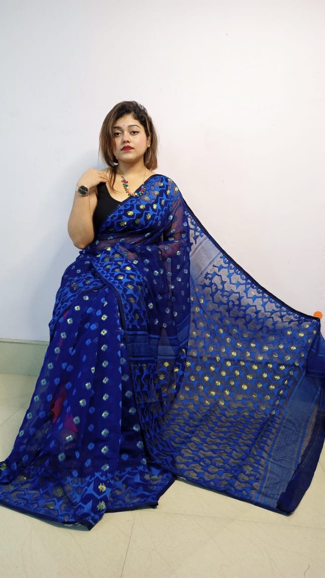 Soft Dhakai/Jamdani Saree – Dark Blue