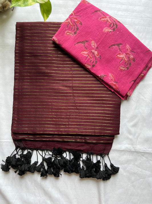 Mul Cotton All Over Stripe Saree With Blouse Piece – Maroon