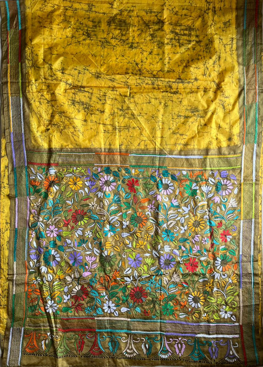 Yellow Kantha Hand Embroidered Hand Batik Art Silk Saree With Blouse