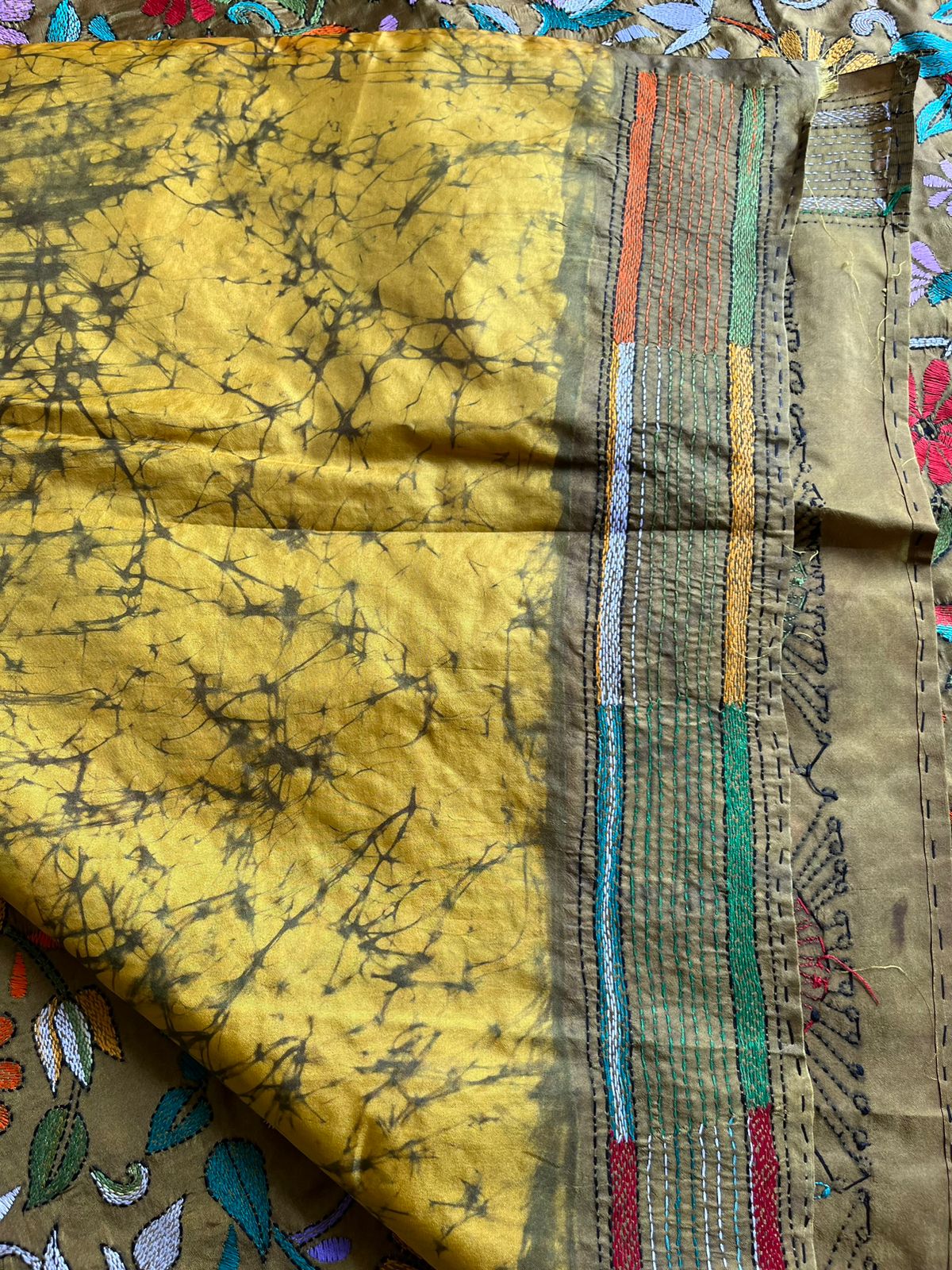 Yellow Kantha Hand Embroidered Hand Batik Art Silk Saree With Blouse