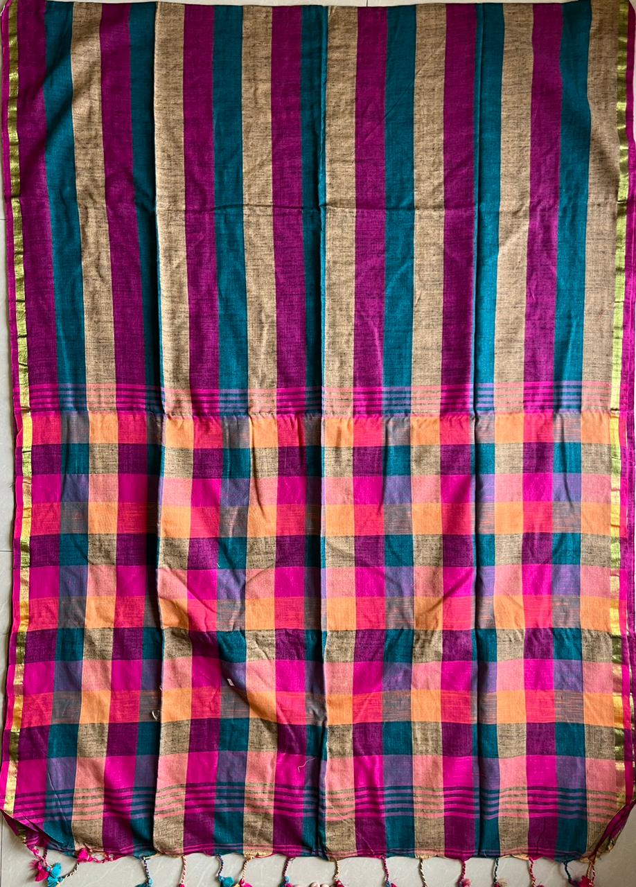 Cotton Check Weave Saree With Zari Border