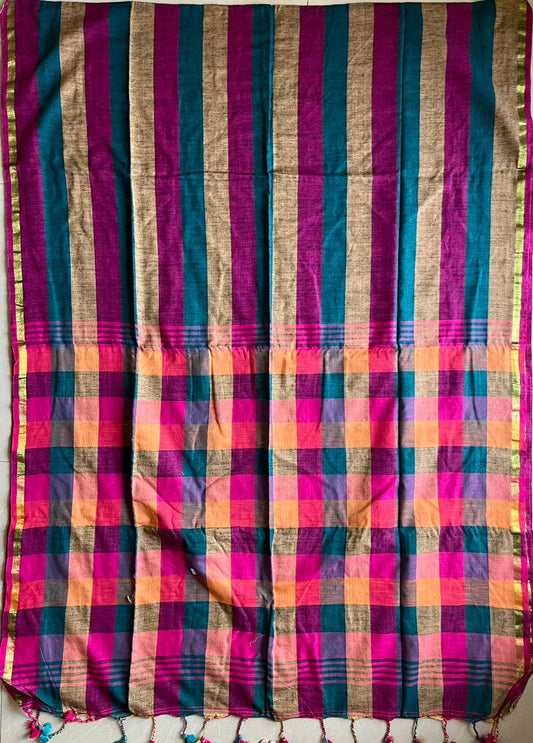 Cotton Check Weave Saree With Zari Border