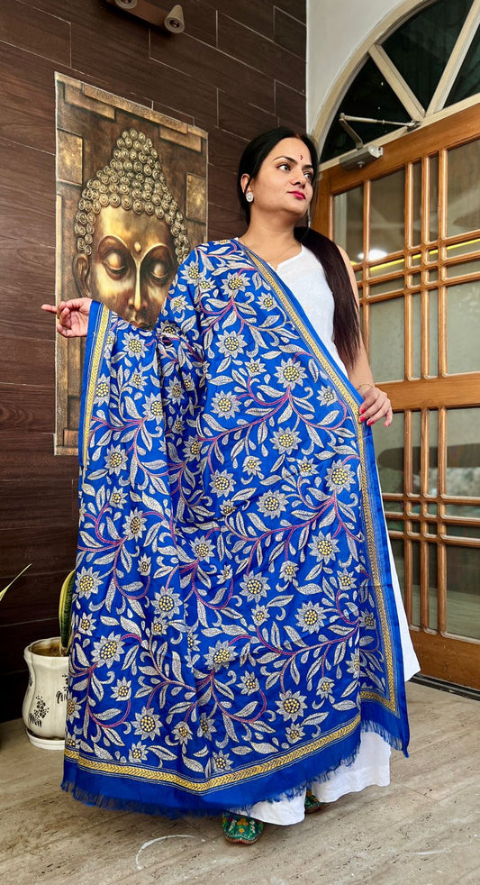 Kantha Hand Embroidary Full Work Blended Banglore Silk Dupatta 44″ (Blue)