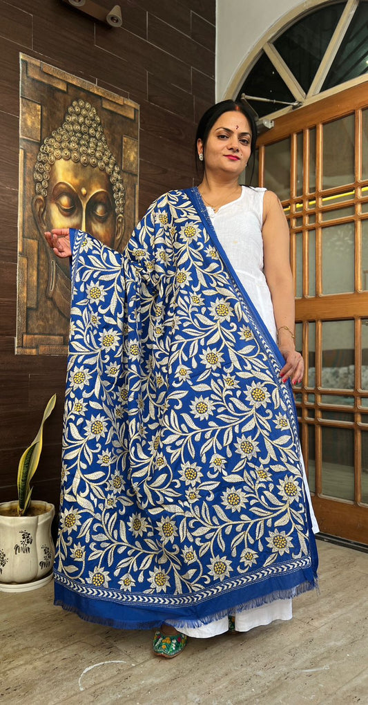 Kantha Hand Embroidary Full Work Blended Banglore Silk Dupatta 44″ (Blue)