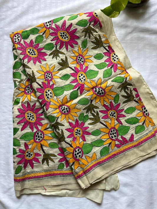 Kantha Hand Embroidary Full Work Semi Tusshar Silk Dupatta 44″