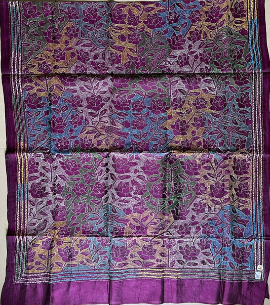 Kantha Hand Embroidary Full Work Pure Banglore Silk Dupatta. (With Silk Mark)