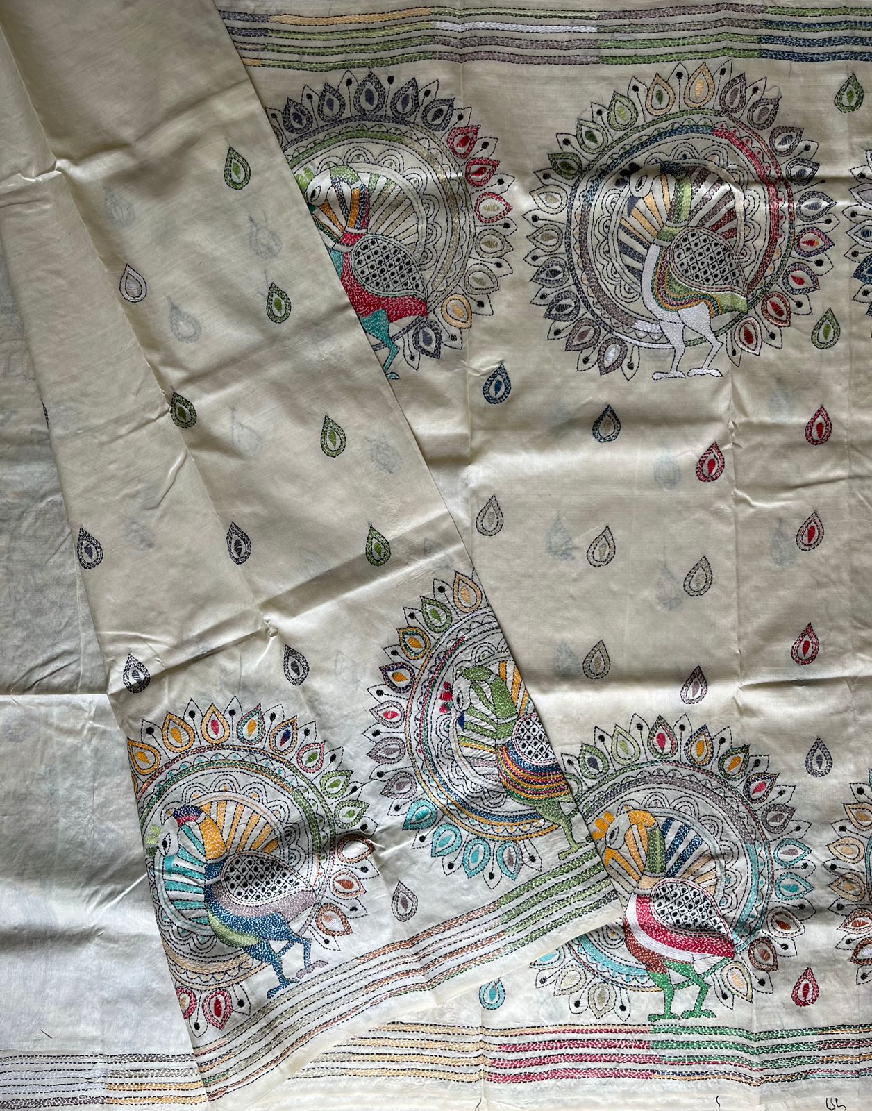 Kantha Hand Embroidary Pure Tussar Silk Saree – Off White