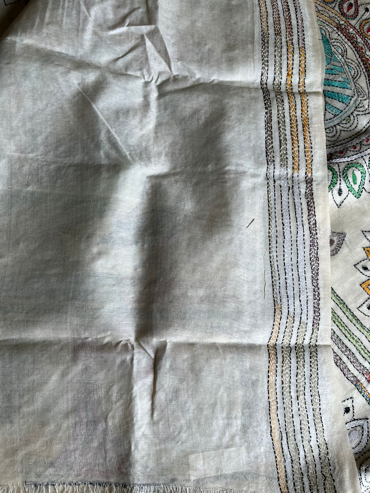 Kantha Hand Embroidary Pure Tussar Silk Saree – Off White